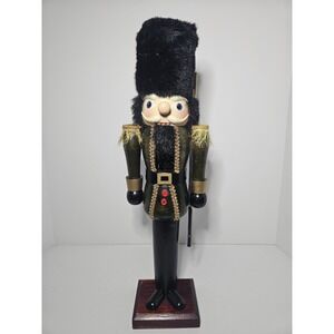 Wooden Nutcracker Toy Soldier Guard Green Uniform Fur Hat Christmas 19" Vintage